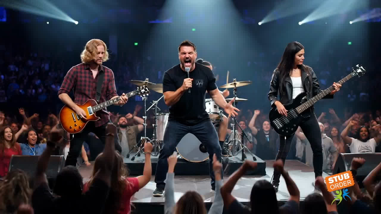 Live rock band performing for a cheering concert crowd
